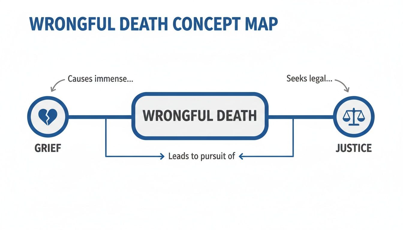 A concept map illustrating wrongful death causes immense grief and leads to the pursuit of justice.