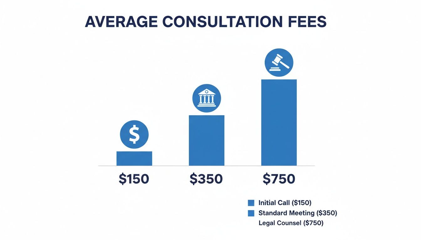 Bar chart displaying average consultation fees: Initial Call $150, Standard Meeting $350, Legal Counsel $750.