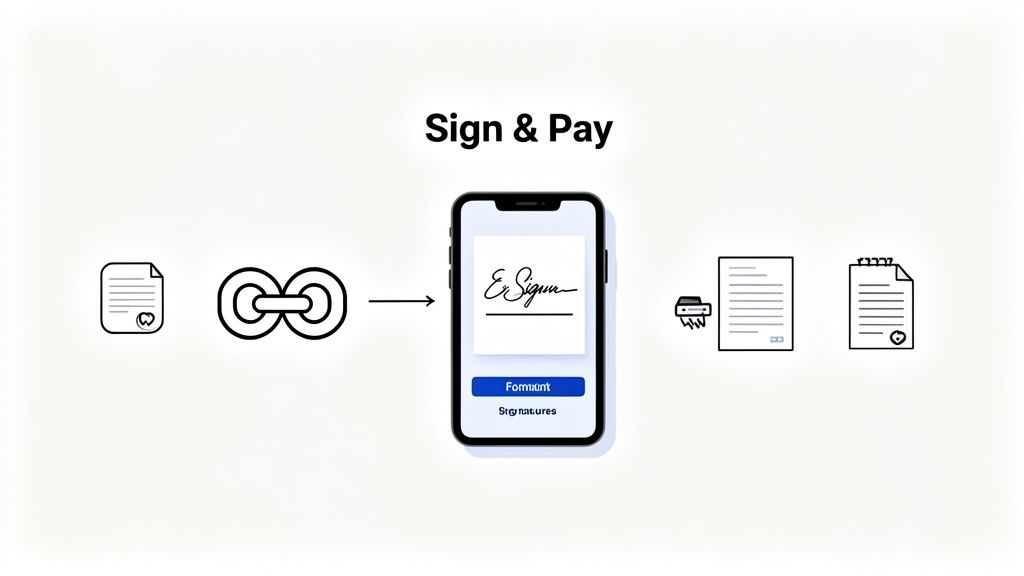 Diagram illustrating a digital document signing and payment process on a smartphone, from initial document to finalized output.