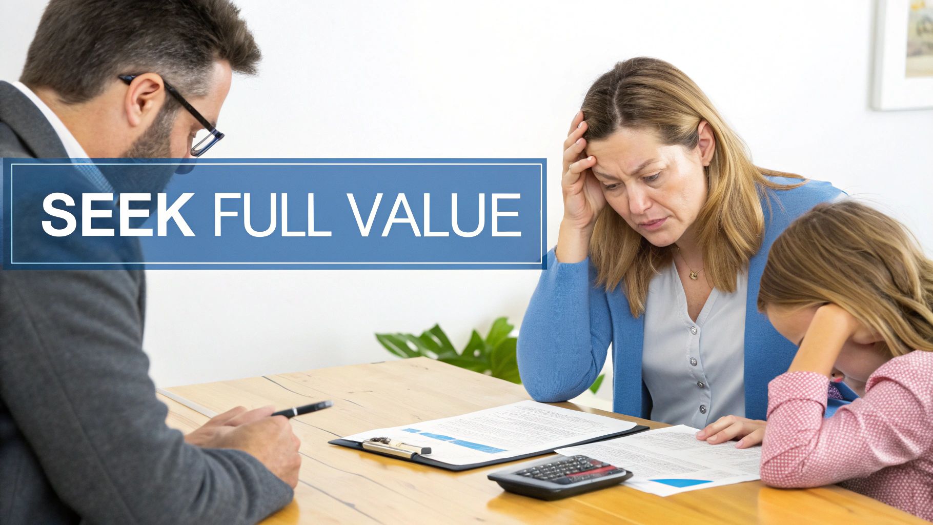 A man advises a distressed mother and child at a table with documents, overlaid with 'SEEK FULL VALUE'.