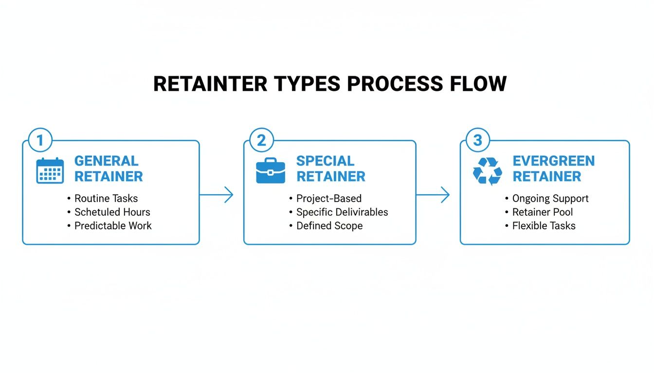 Flowchart illustrating three retainer types: General, Special, and Evergreen, detailing their characteristics.