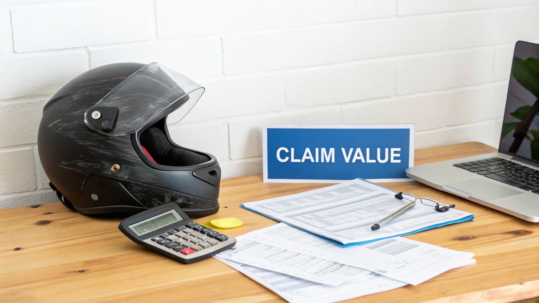 A scratched black motorcycle helmet, documents, calculator, and 'CLAIM VALUE' sign on a wooden desk.