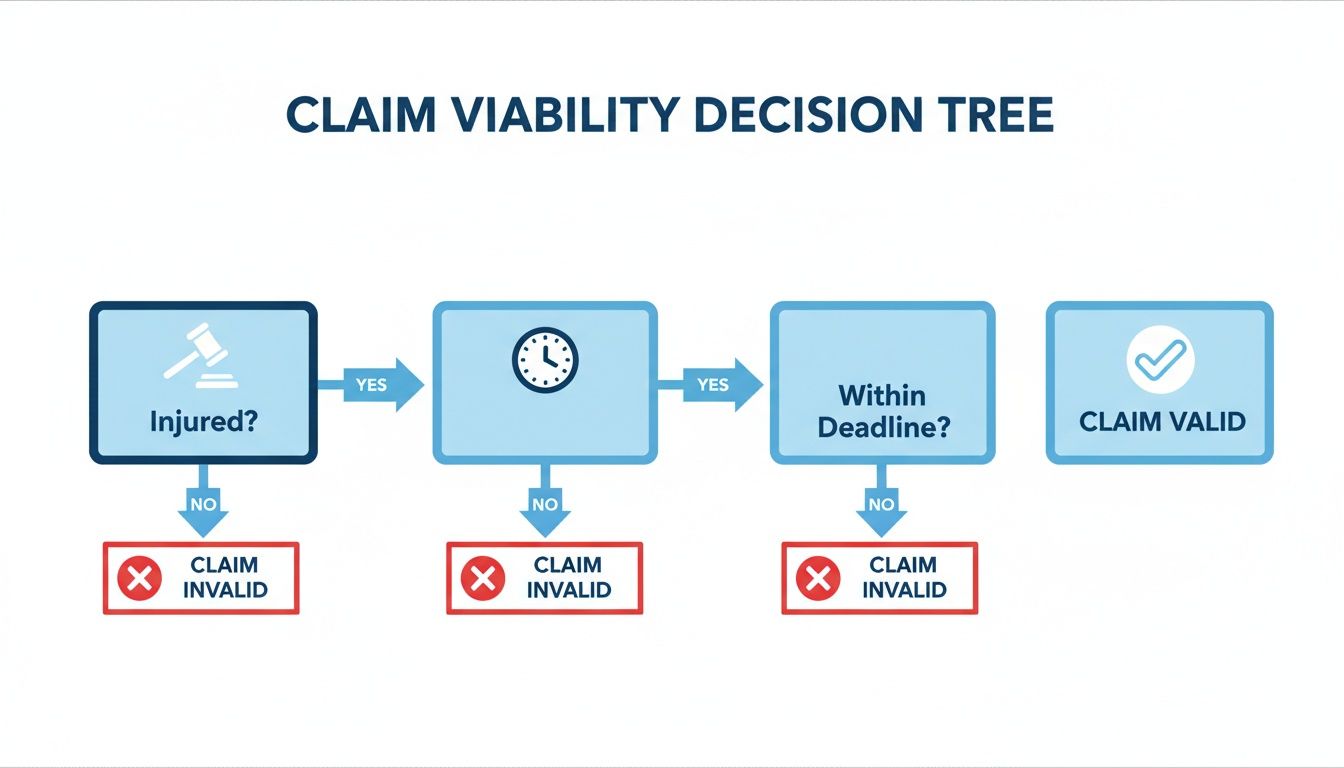 A flowchart titled 'Claim Viability Decision Tree' showing steps to determine if a claim is valid, based on injury, time, and deadline.