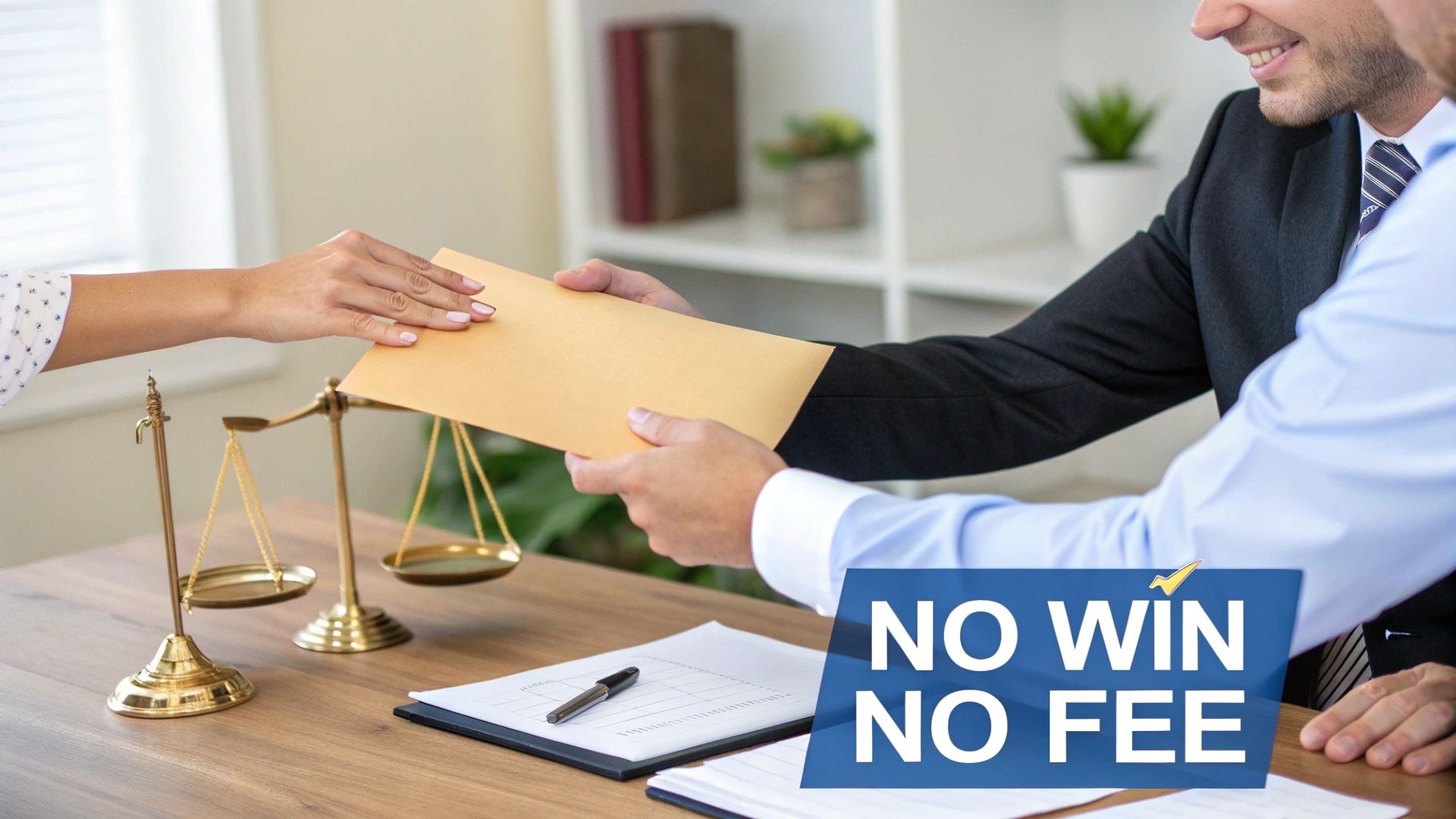 A client hands an envelope to a personal injury lawyer, with scales of justice and a 'No Win No Fee' overlay.