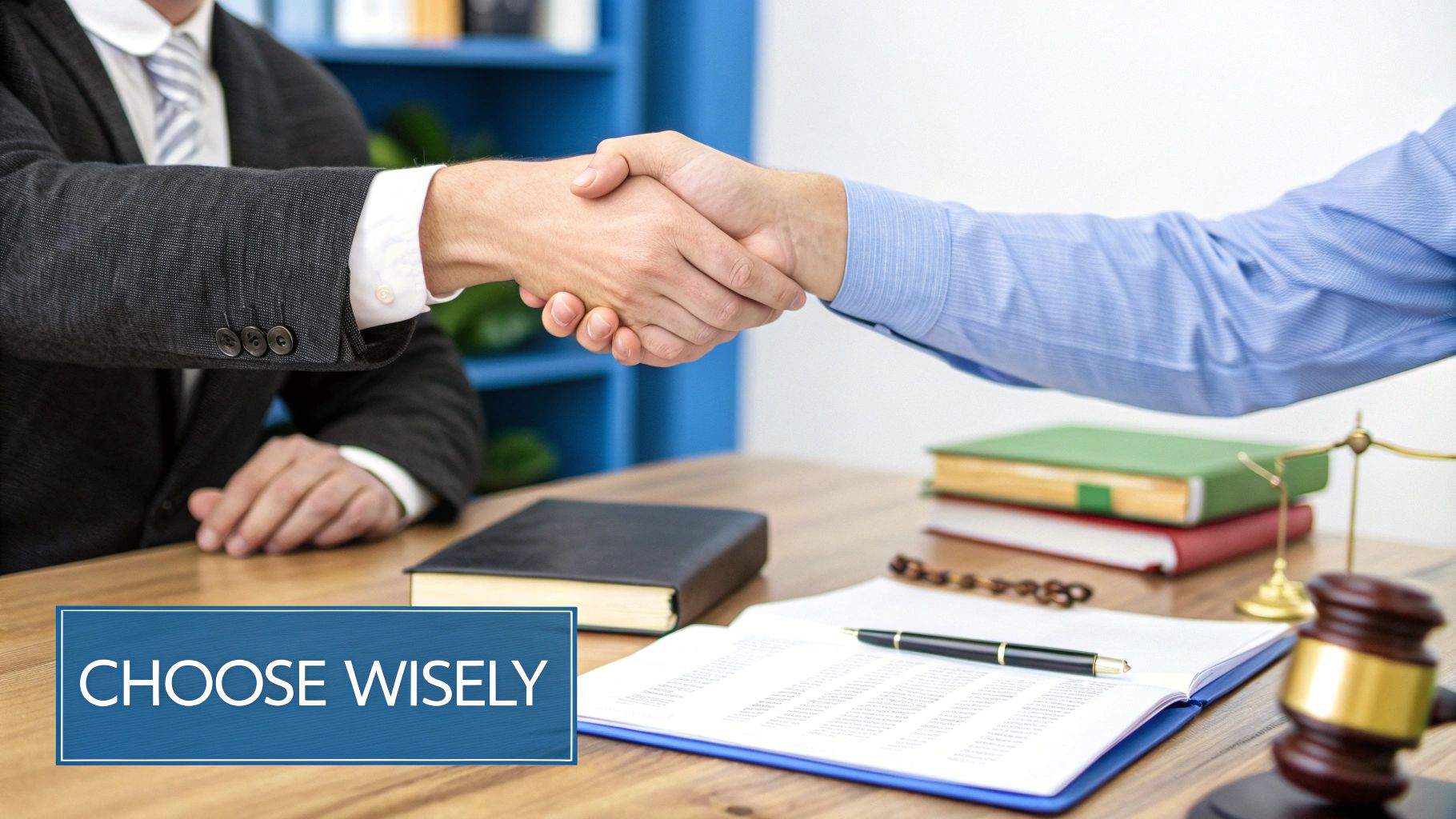 Professional lawyer and client shaking hands over legal documents during consultation meeting