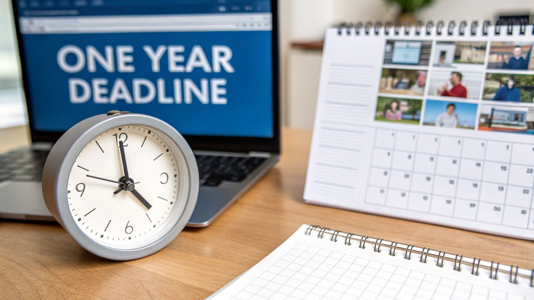 A laptop screen displays 'ONE YEAR DEADLINE' next to an alarm clock, calendar, and notebook.