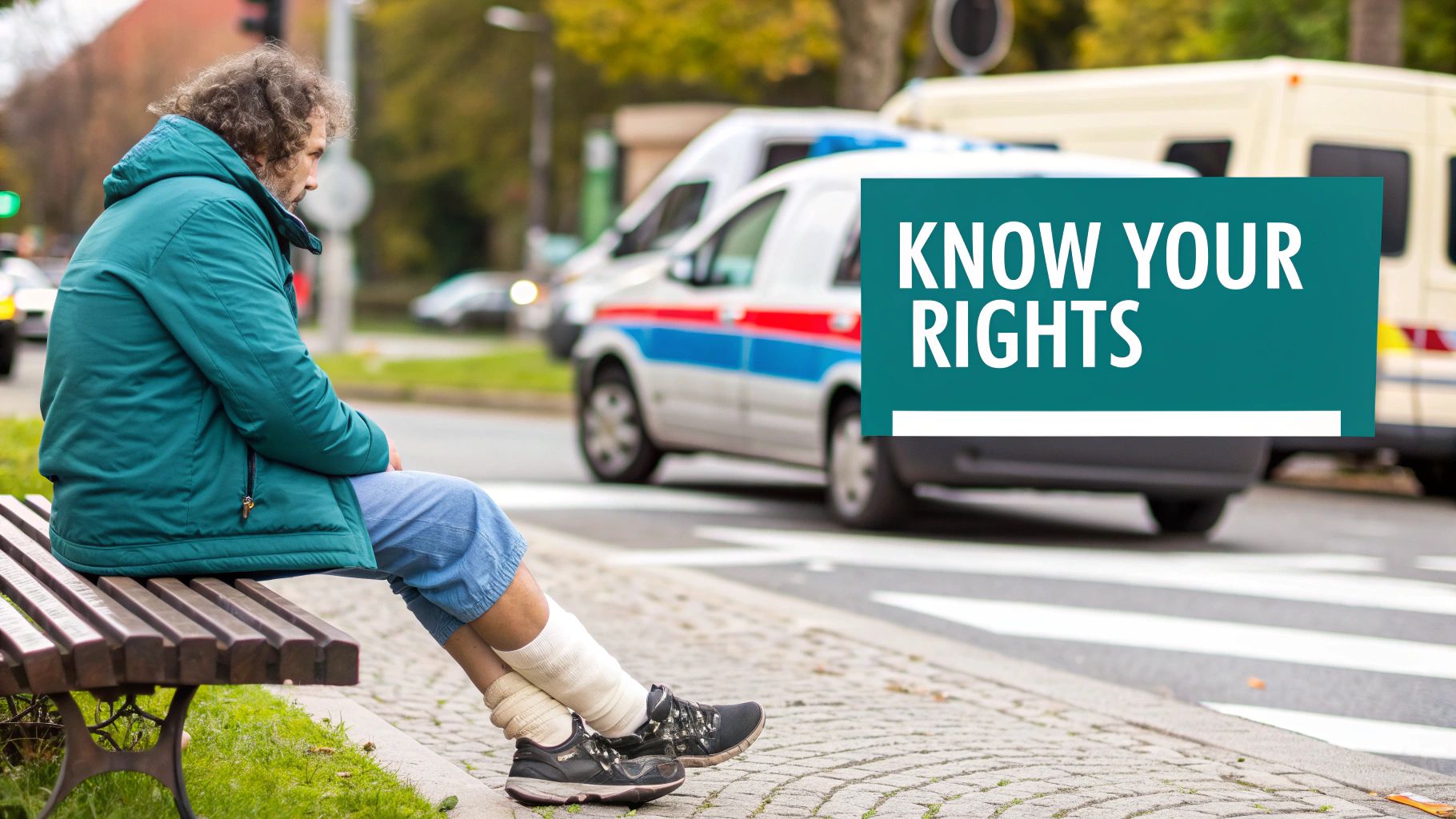 A pedestrian crossing a city street with cars in the background