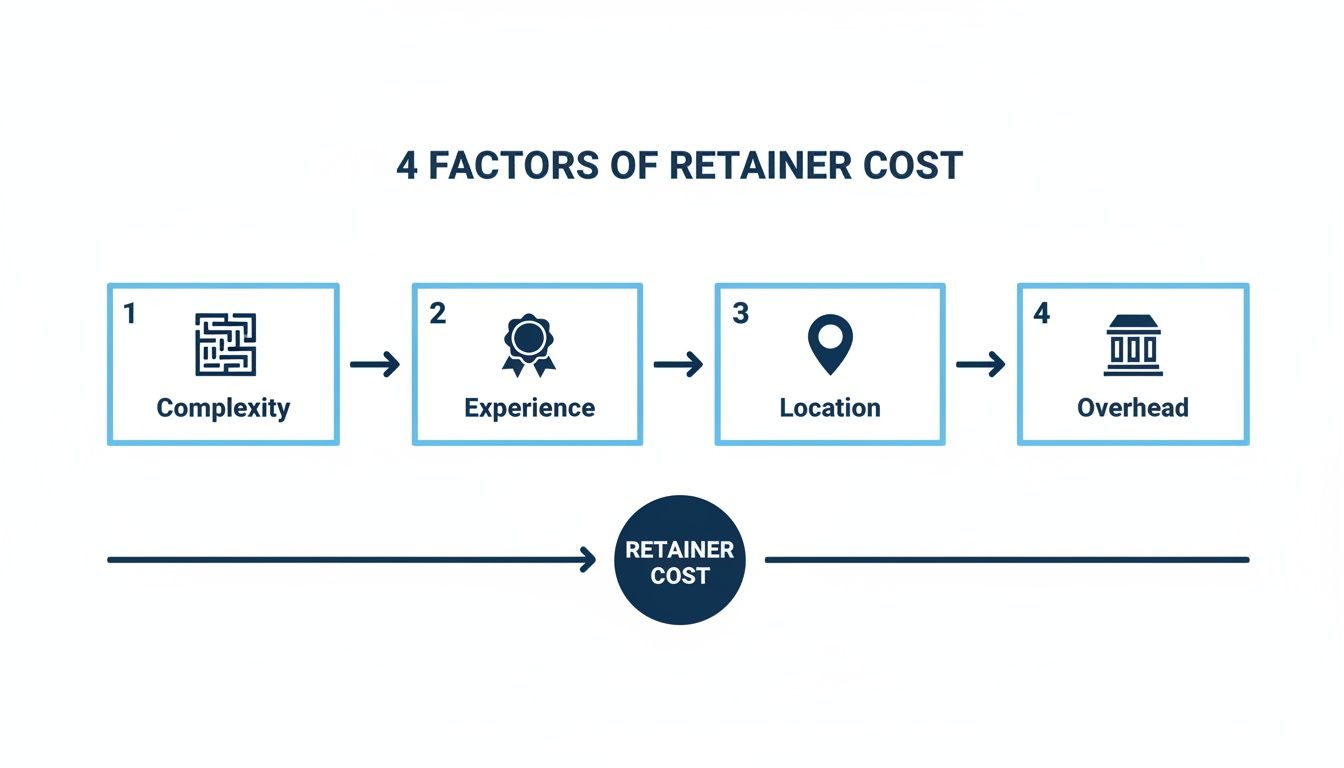 A diagram illustrating the four key factors influencing retainer cost: Complexity, Experience, Location, and Overhead.