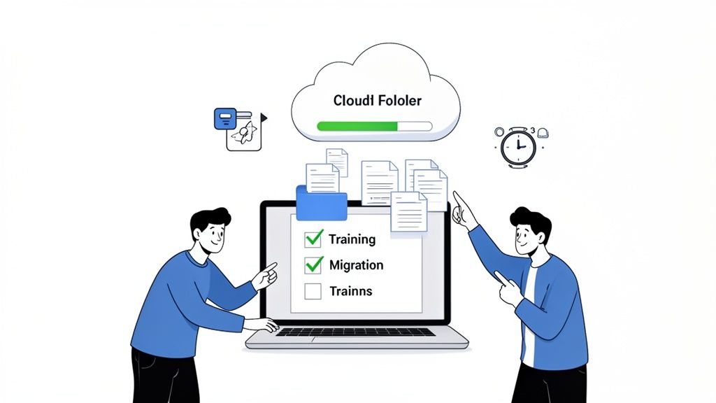 Two men managing cloud data migration and training tasks on a laptop with documents.