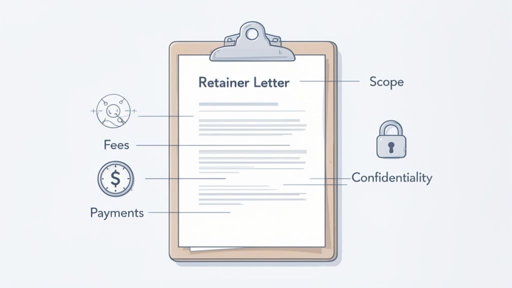 An illustration of a retainer letter on a clipboard with sections like scope, fees, payments, and confidentiality.