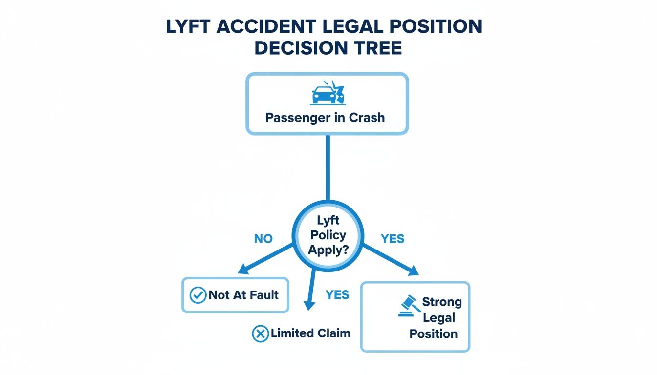 Lyft accident legal position decision tree flowchart showing outcomes for passengers in a crash.