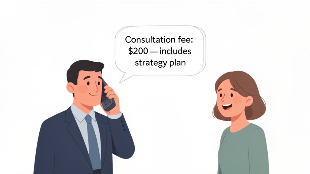 A man on the phone discusses a $200 consultation fee, which includes a strategy plan, with a woman.