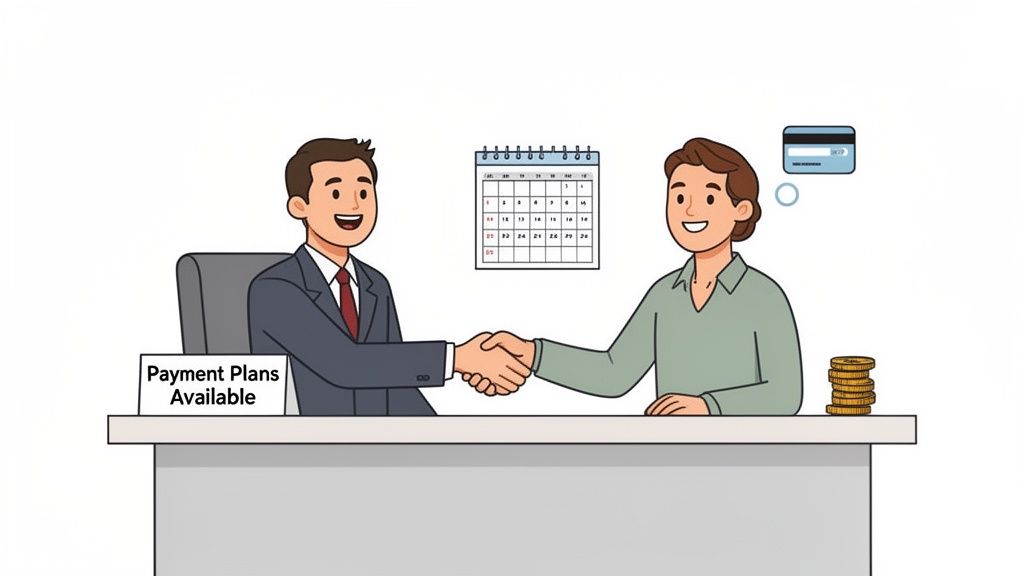 Two cartoon men shaking hands over a desk with a 'Payment Plans Available' sign, calendar, and payment icons.