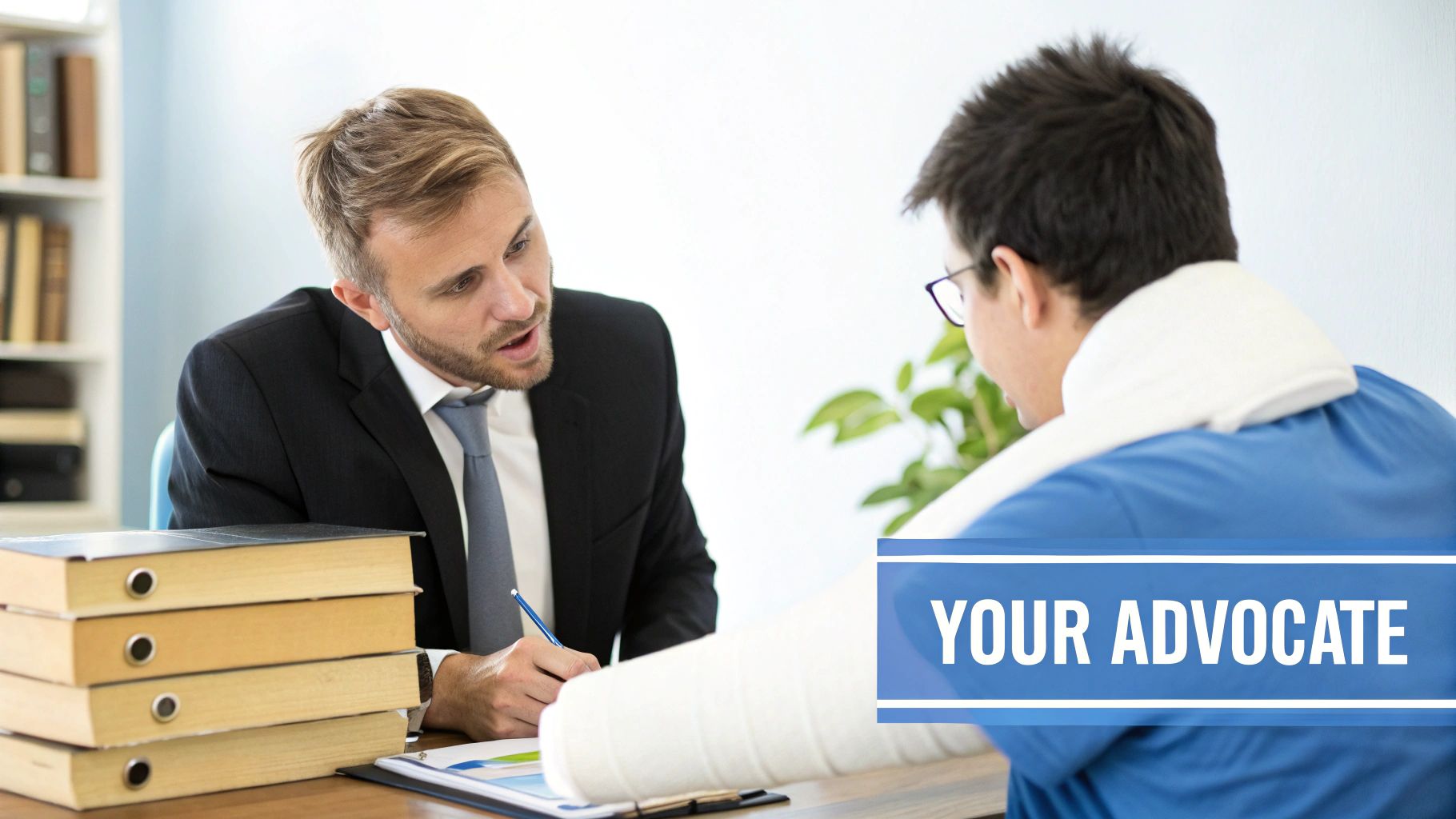 A personal injury attorney in Greeley discussing a case with a client in a modern office setting.
