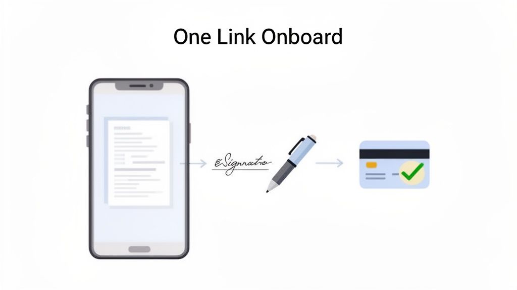 A smartphone displaying a document leads to an e-signature with a pen, then a verified credit card.