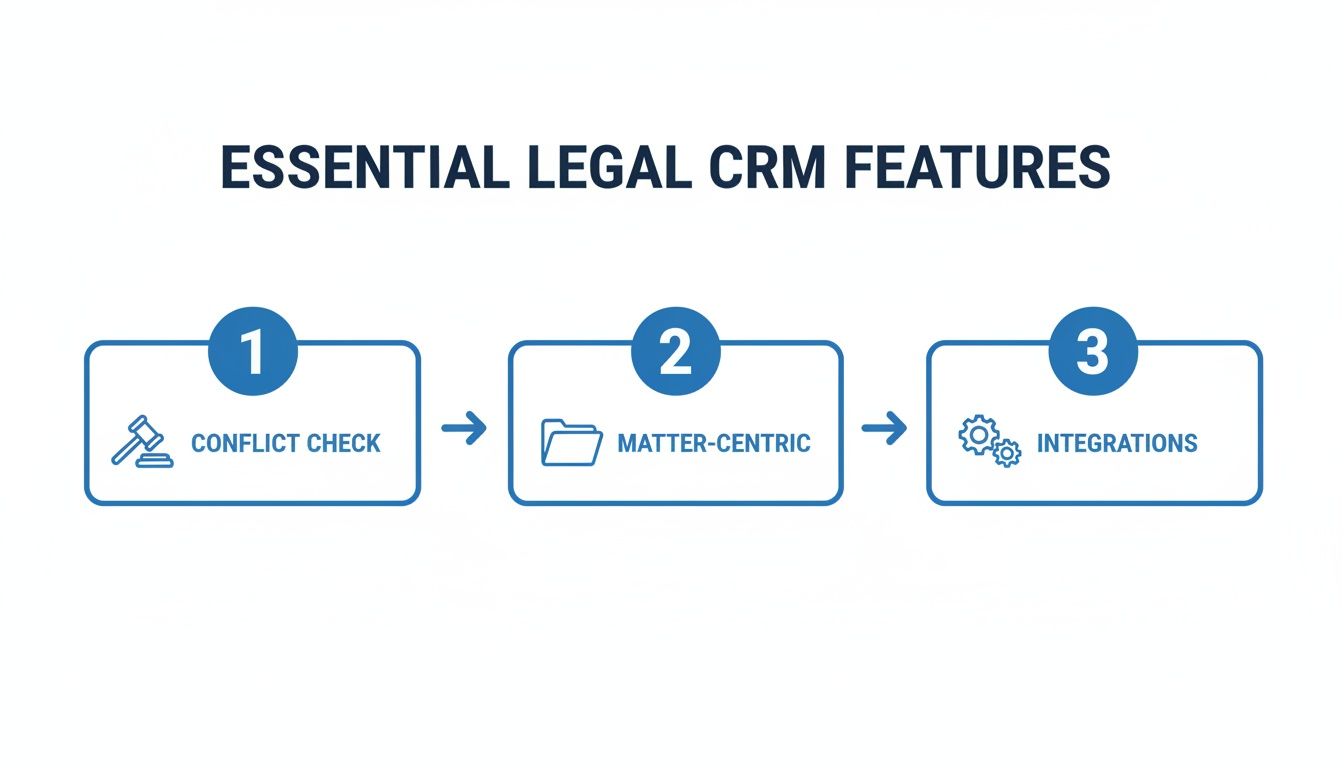 Flowchart displaying essential legal CRM features: conflict check, matter-centric design, and integrations.
