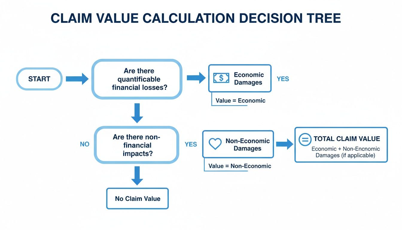 A decision tree flowchart for calculating claim value, considering economic and non-economic damages.