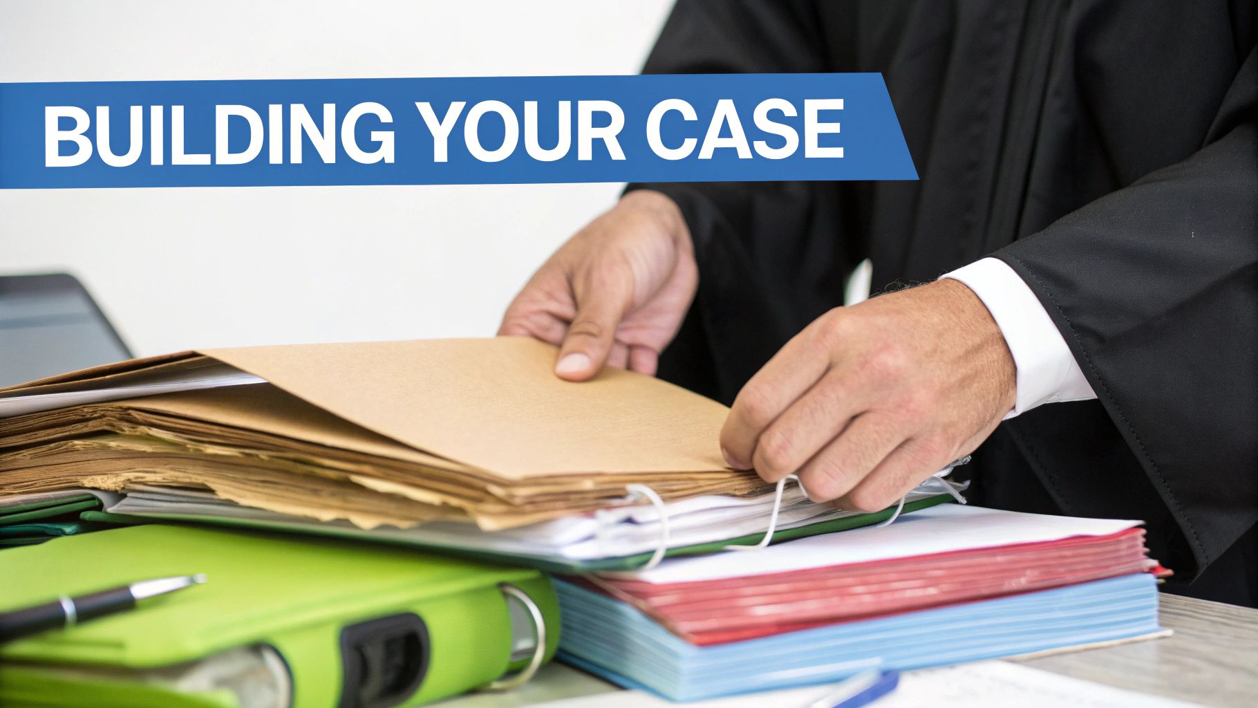 Two legal professionals reviewing documents at a sunlit conference table.
