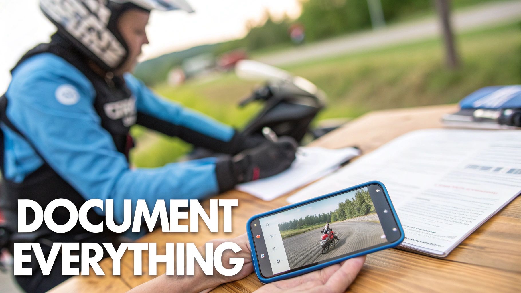 An injured motorcyclist sitting on the curb, carefully writing notes in a small notepad while their damaged bike is visible in the background.