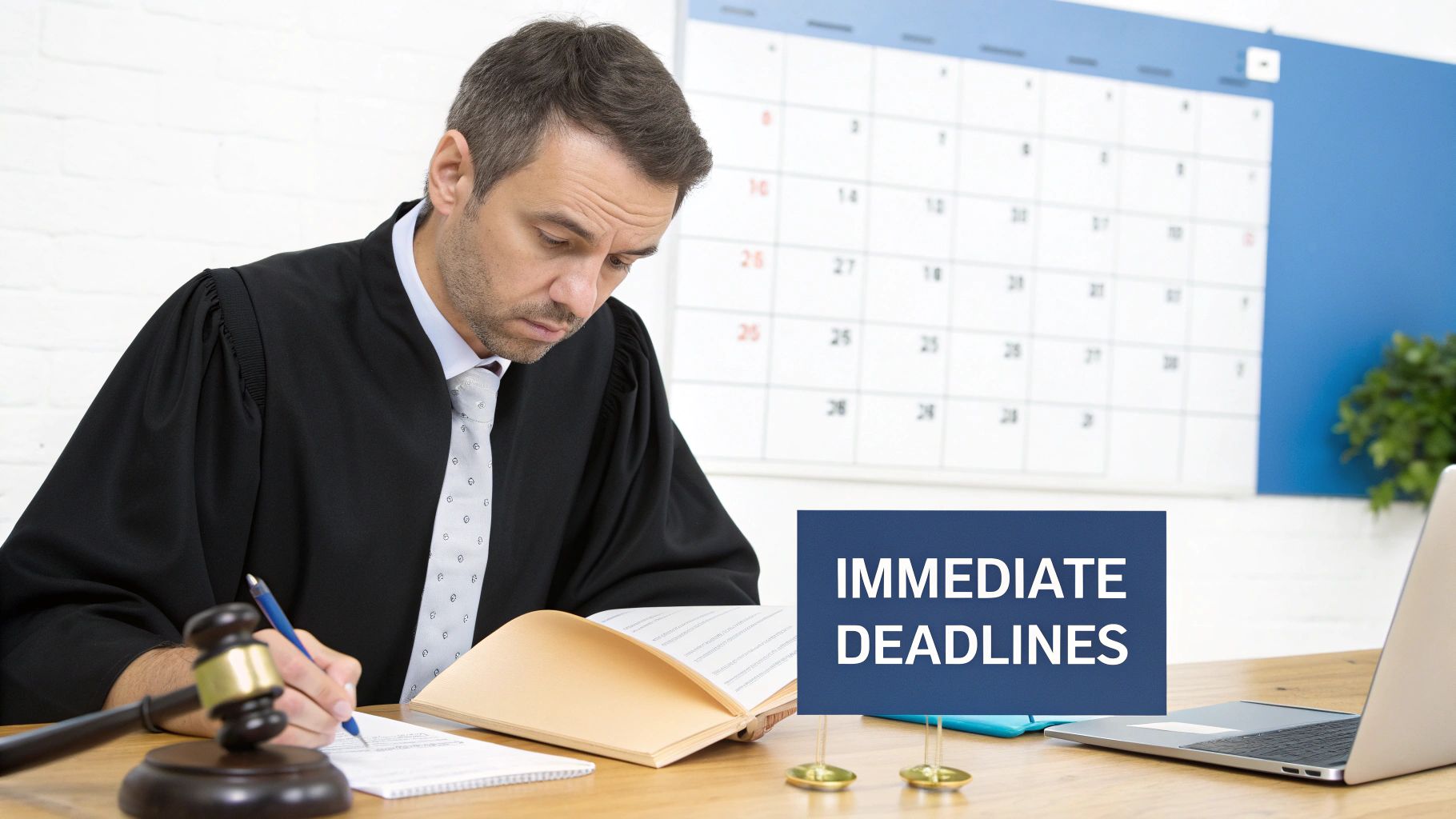 A judge or lawyer in a robe writes at a desk with a gavel and a calendar, highlighting immediate deadlines.