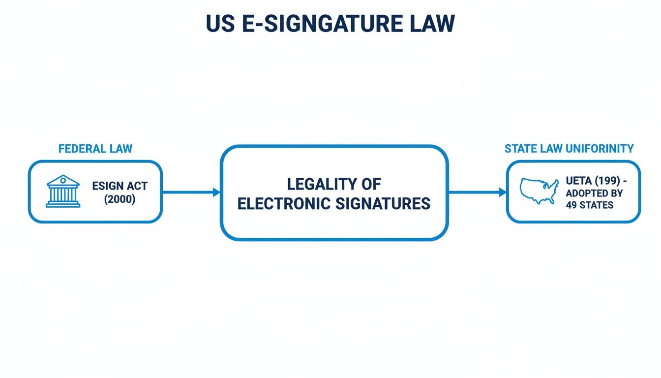 Flowchart illustrating US e-signature law, showing federal ESIGN Act and state UETA adoption.
