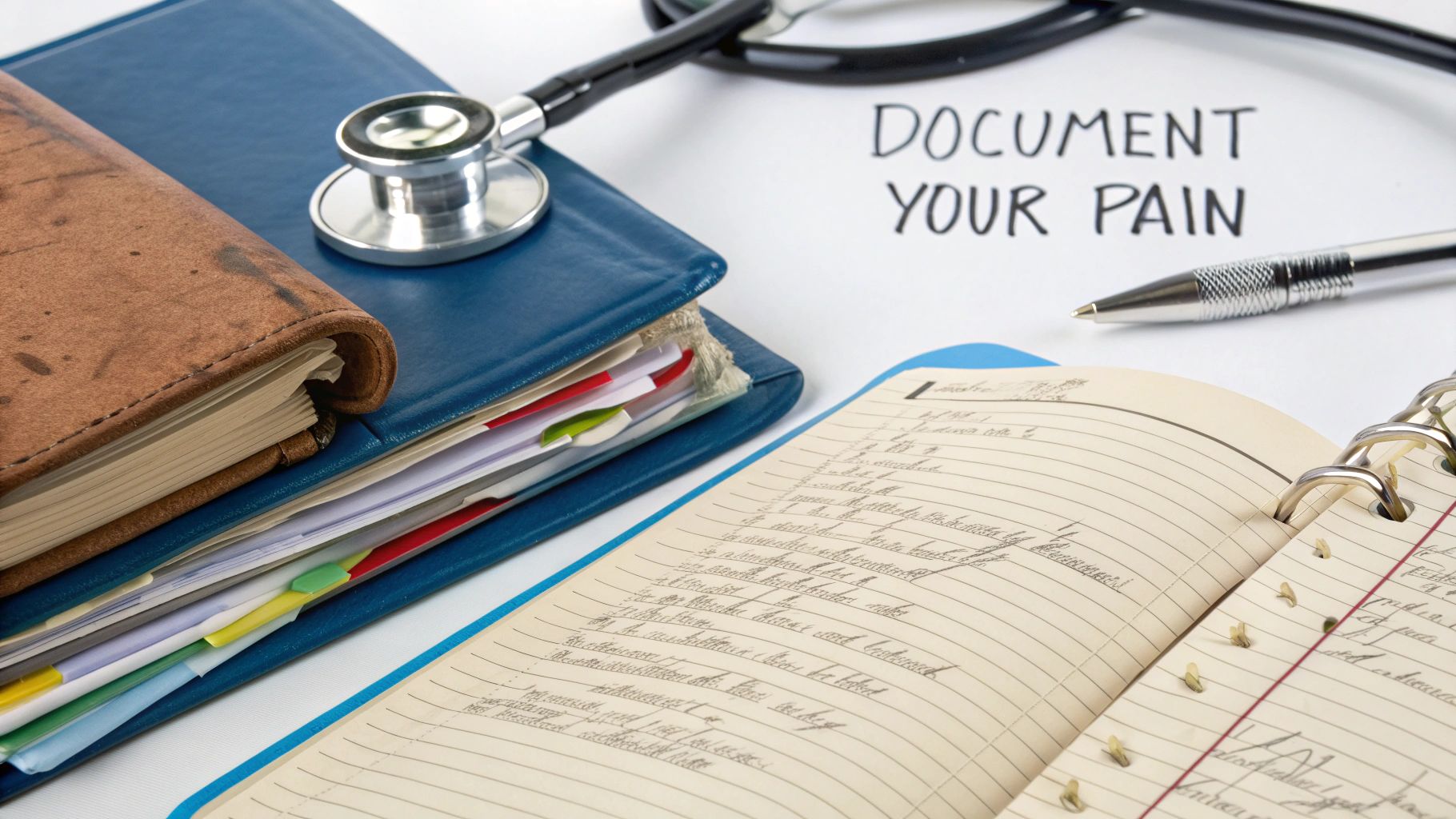 A stethoscope and a pen are placed near notebooks and a paper reading 'DOCUMENT YOUR PAIN'.