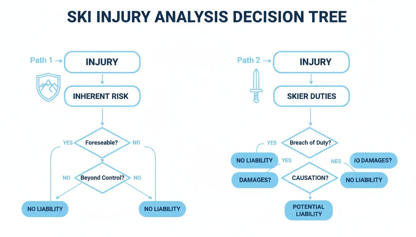 A decision tree flowchart analyzing ski injury liability, exploring inherent risks and skier duties for potential liability.