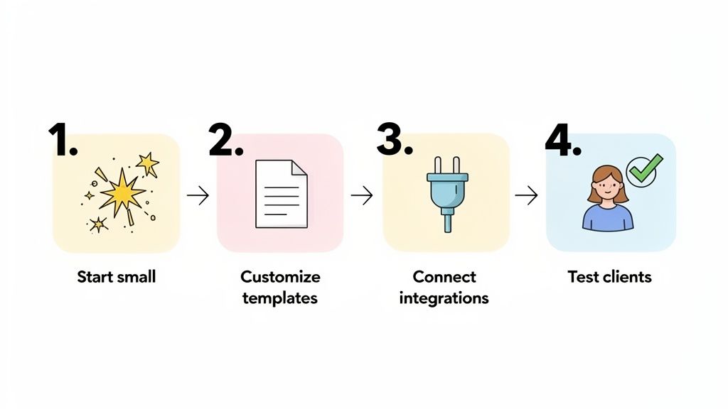 A visual guide illustrating a four-step process: start, customize, connect integrations, and test clients.