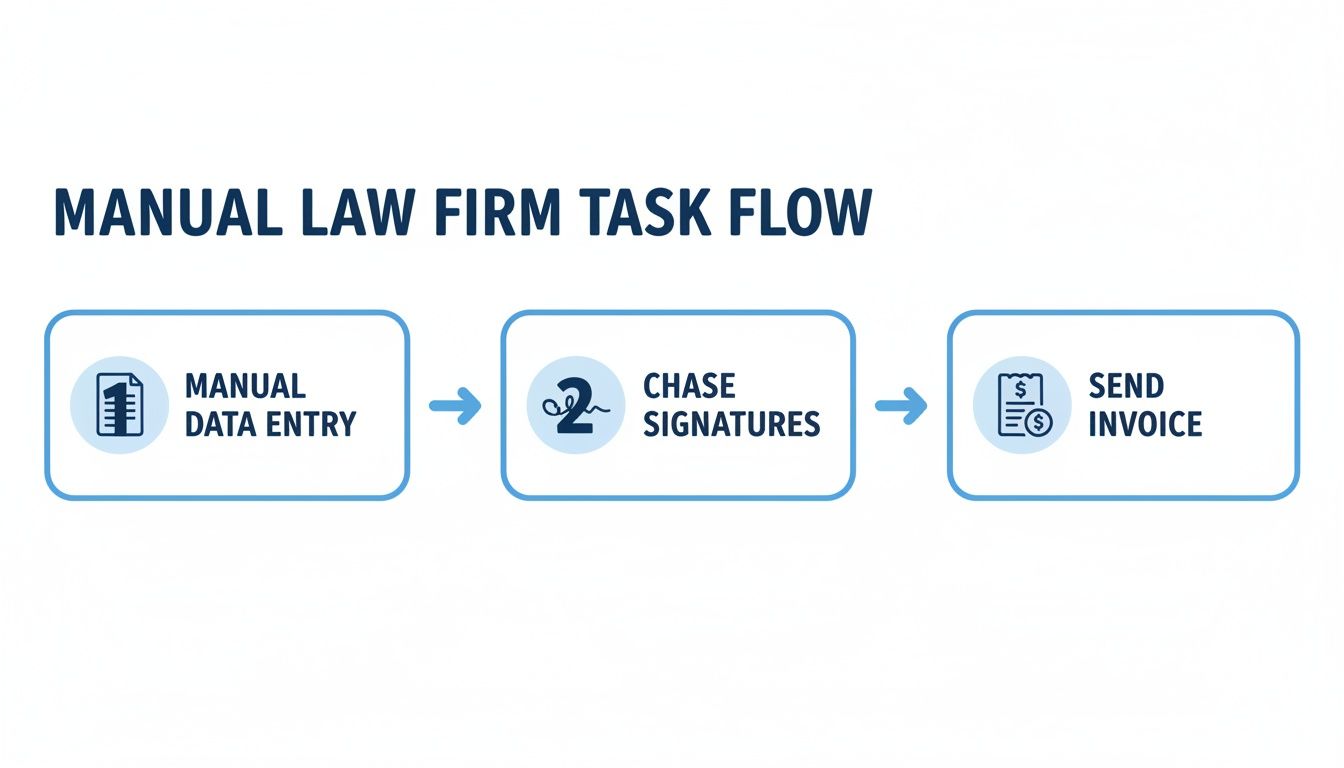 Flowchart showing the manual law firm task flow: data entry, chasing signatures, and sending invoices.