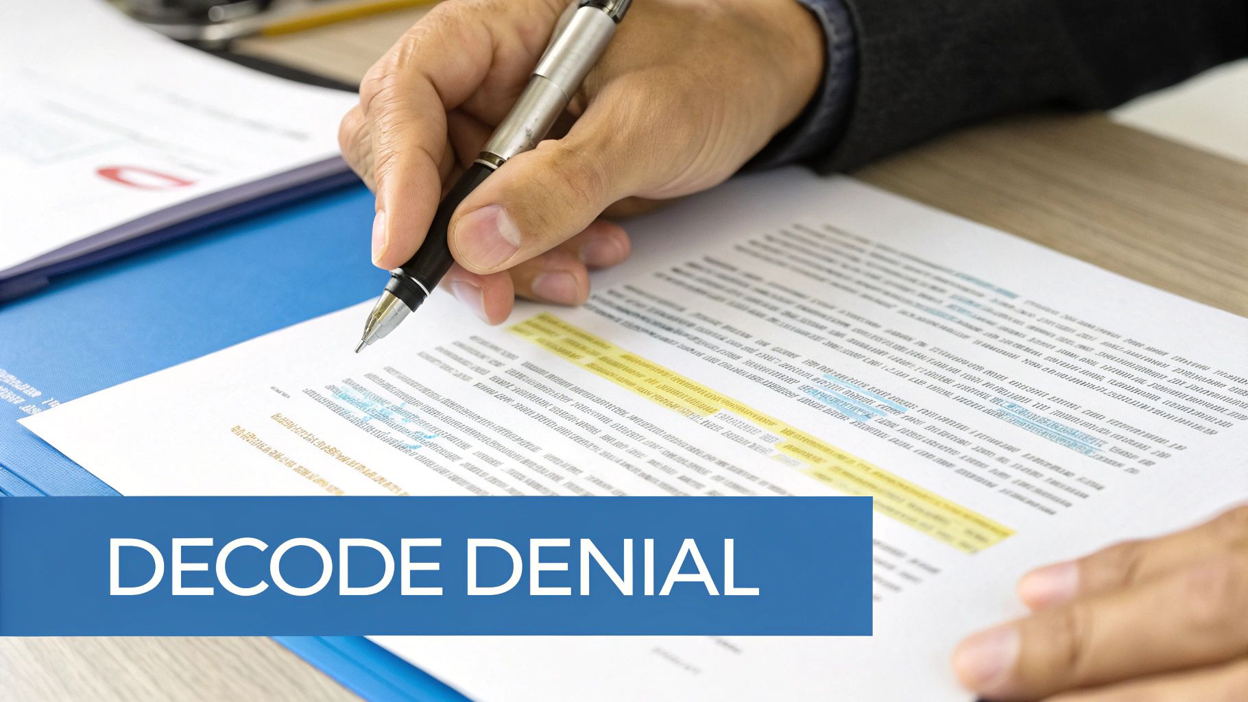 A person closely examining the fine print on an insurance denial letter with a magnifying glass.