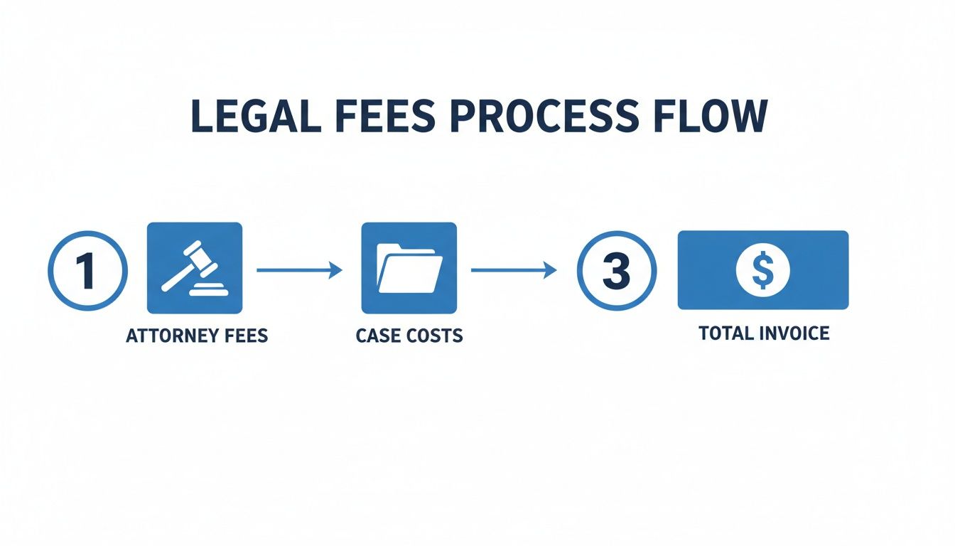 Flowchart illustrating the legal fees process, including attorney fees, case costs, and total invoice.