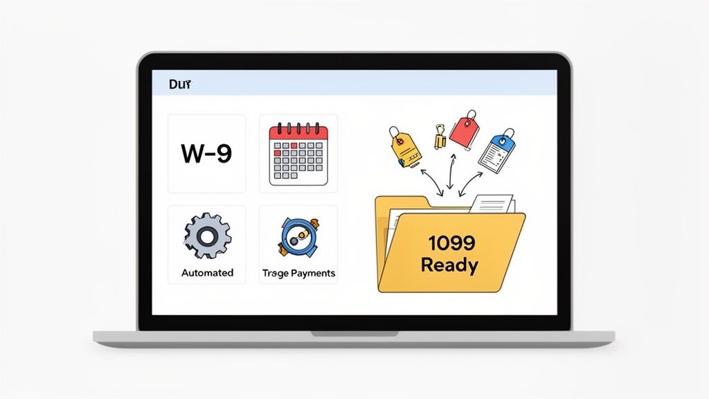 Laptop screen showing icons for W-9 forms, automated processes, triage payments, and a 1099 ready folder.