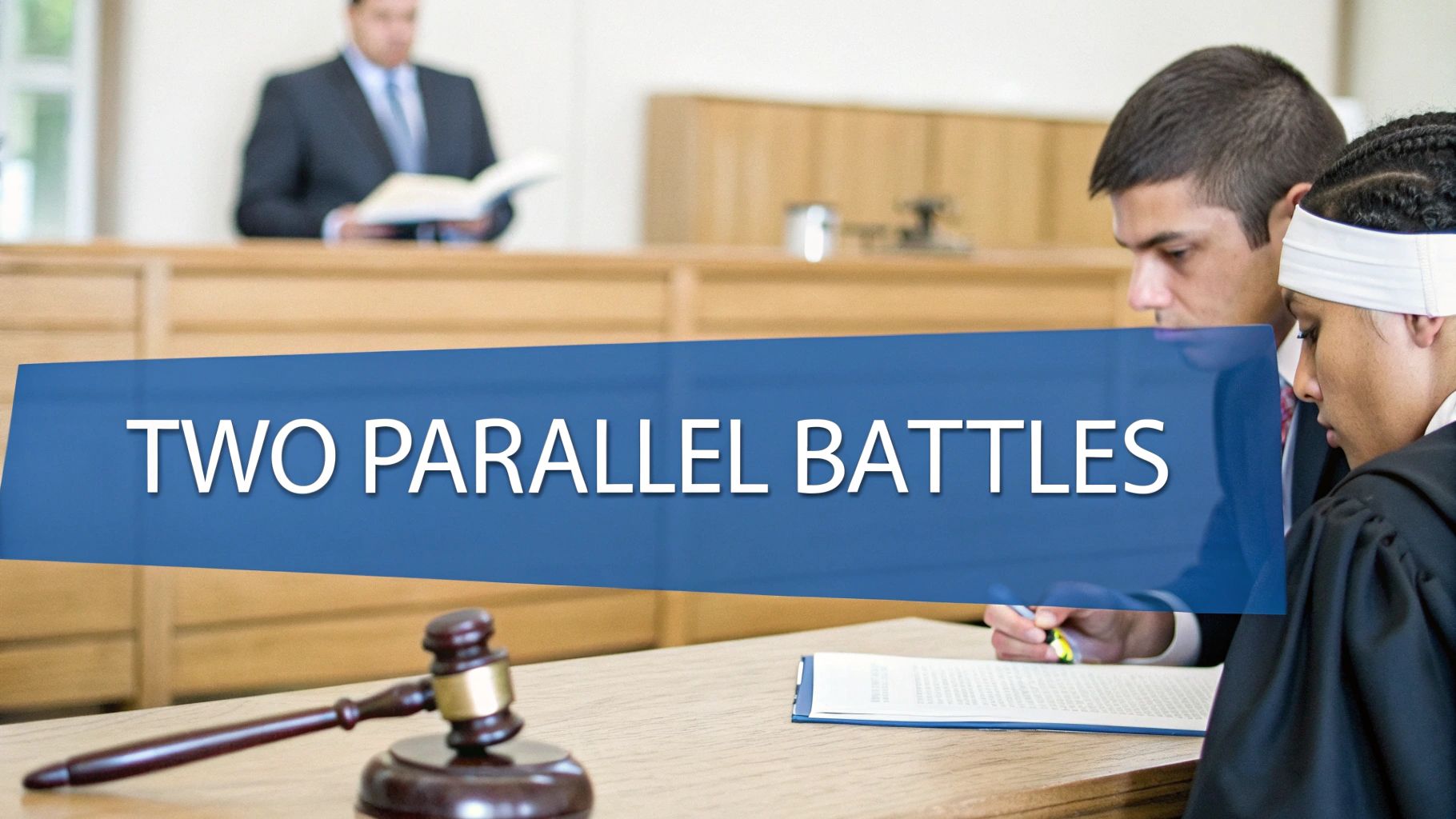 Legal professionals in a courtroom setting, with a gavel on the table and a banner reading 'TWO PARALLEL BATTLES'.
