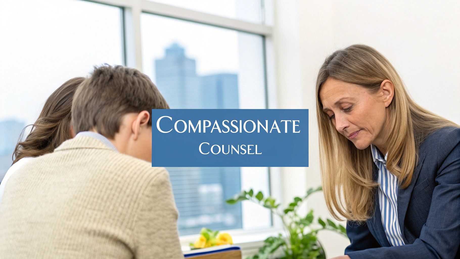 Three people in a professional meeting setting, with a woman in a suit and 'Compassionate Counsel' overlay.