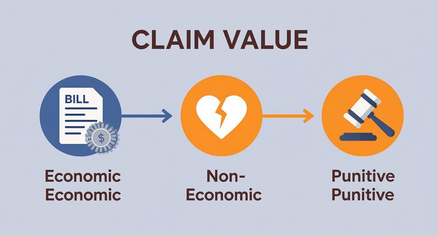 Diagram showing claim value types: economic bills, non-economic broken heart, and punitive gavel icons