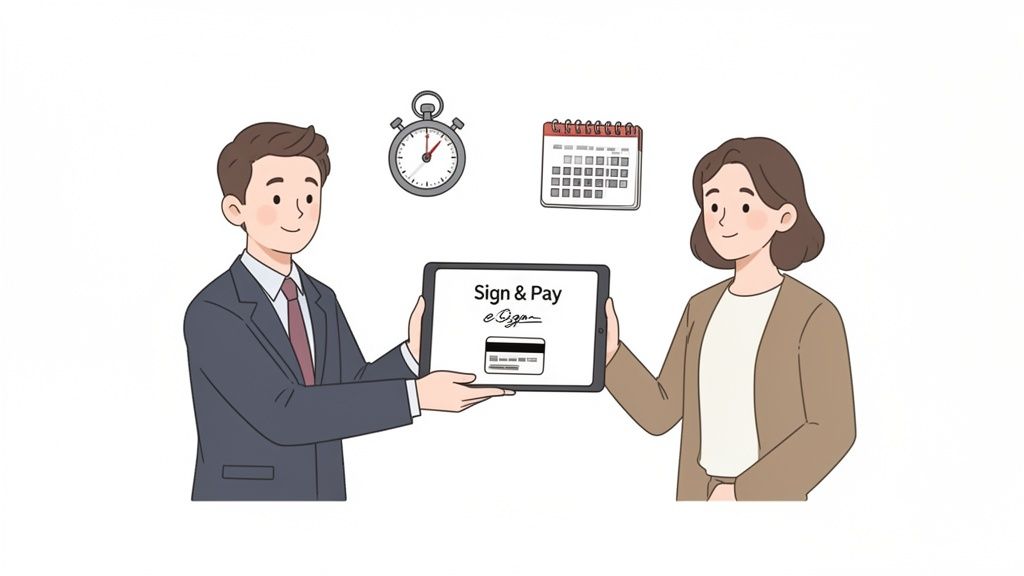 Two people hold a tablet displaying 'Sign & Pay' and a credit card, with a stopwatch and calendar above.