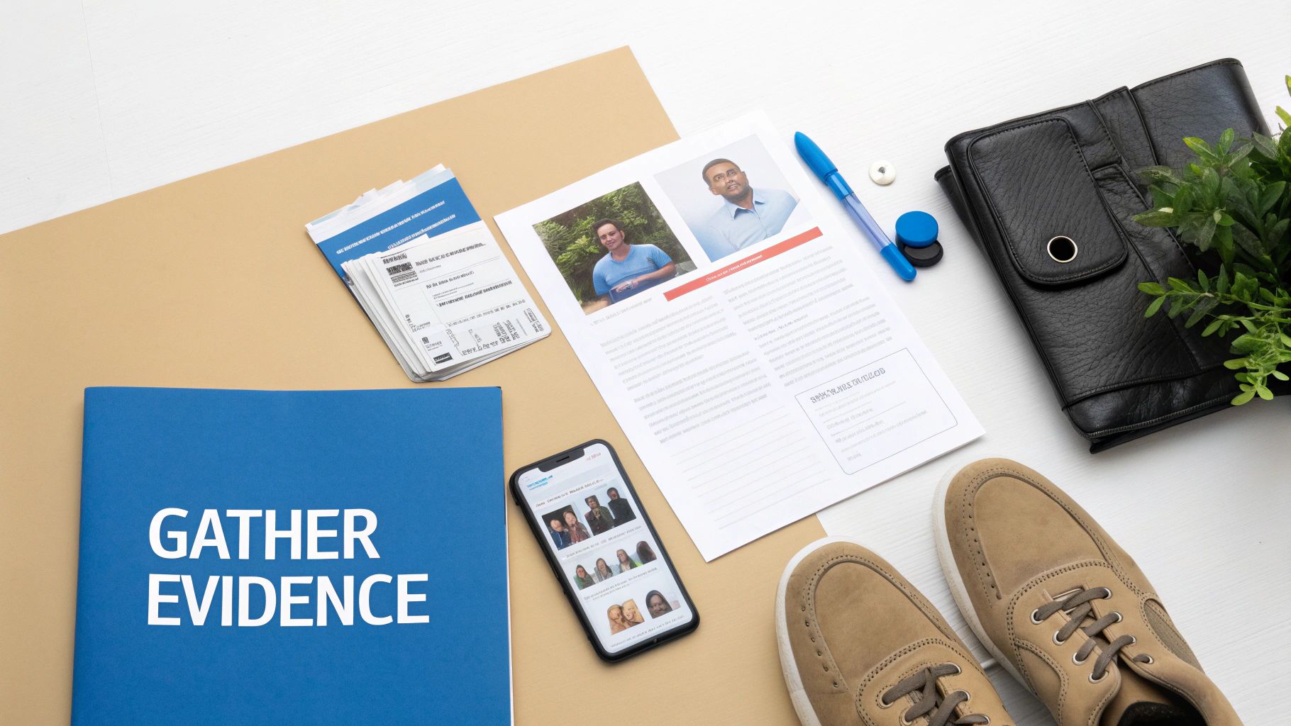 Flat lay of evidence-gathering items like a folder, documents, phone, and wallet on a desk.