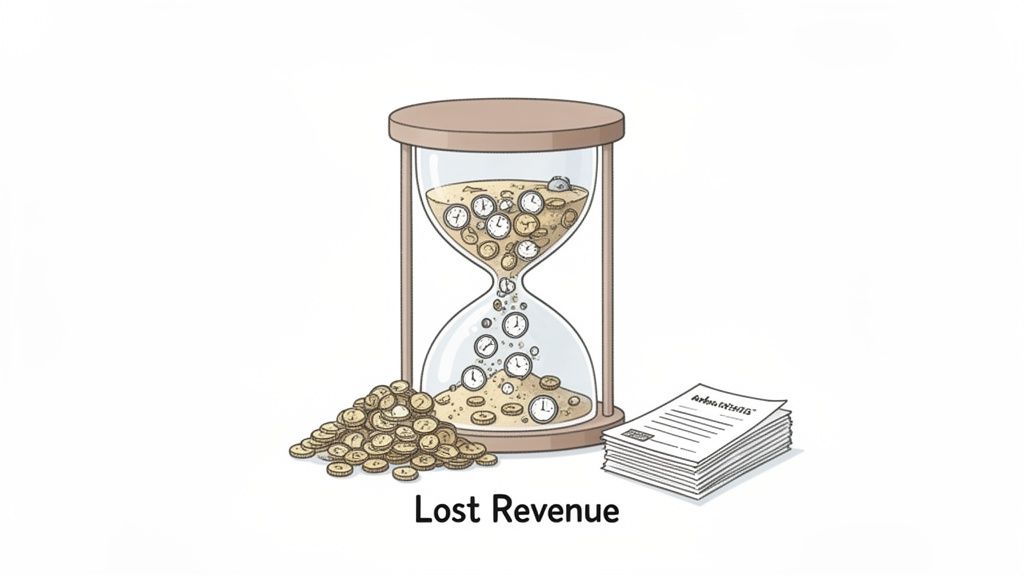 An hourglass with clocks and coins represents time and money lost, leading to lost revenue.