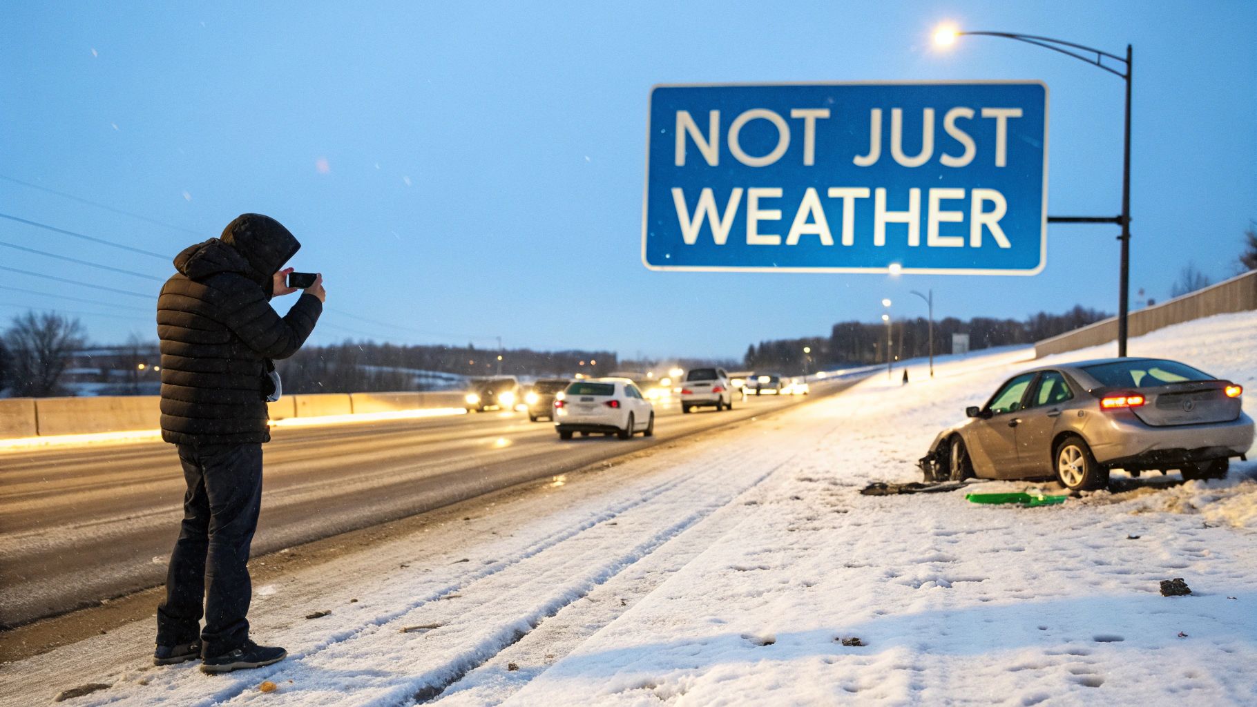 A person photographs a car crash on a snowy highway with a 'NOT JUST WEATHER' sign visible.