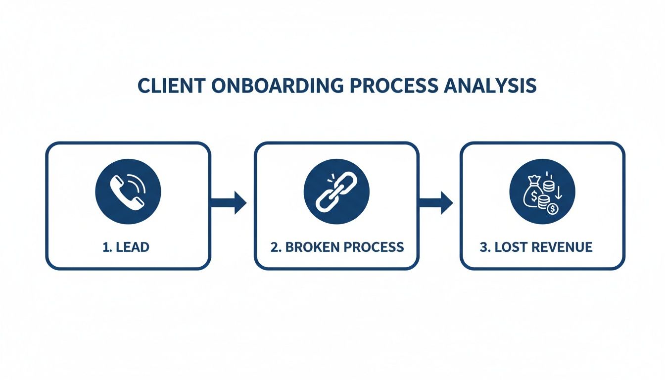 Infographic showing client onboarding process analysis: a lead, followed by a broken process, resulting in lost revenue.