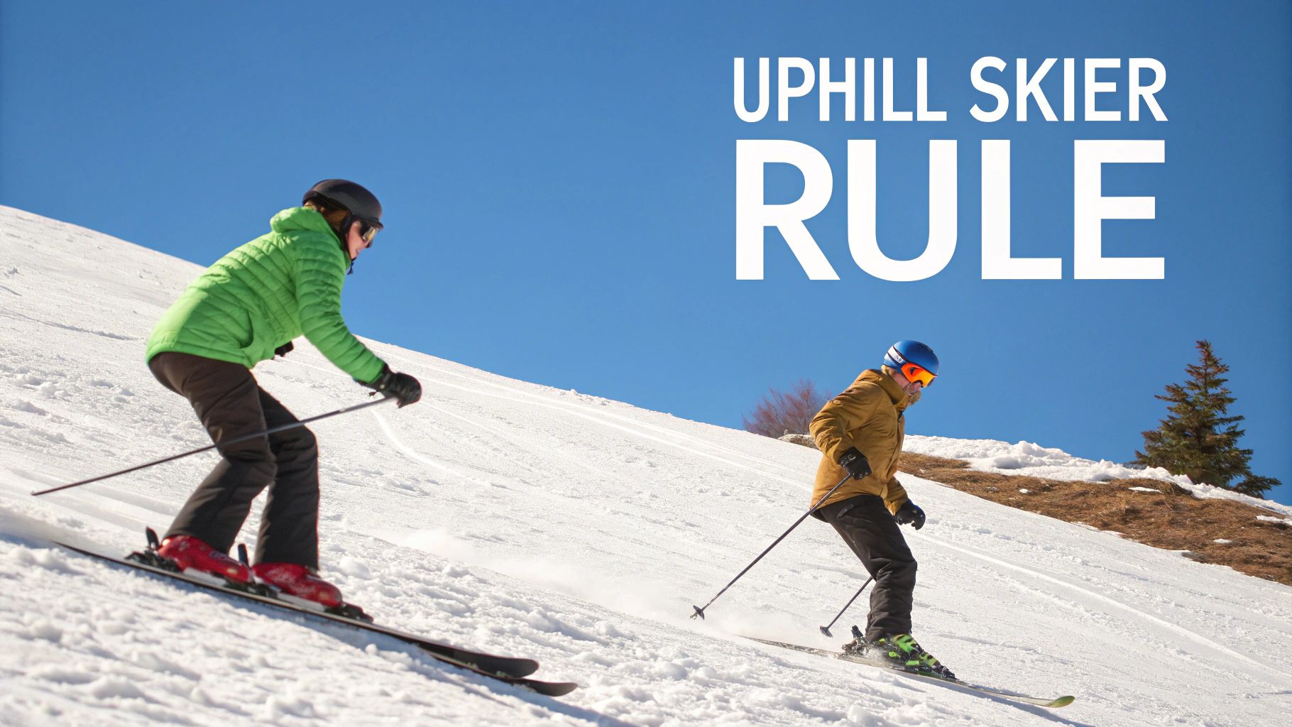 Two skiers on a sunny snowy slope, with 'Uphill Skier Rule' text displayed in the sky.