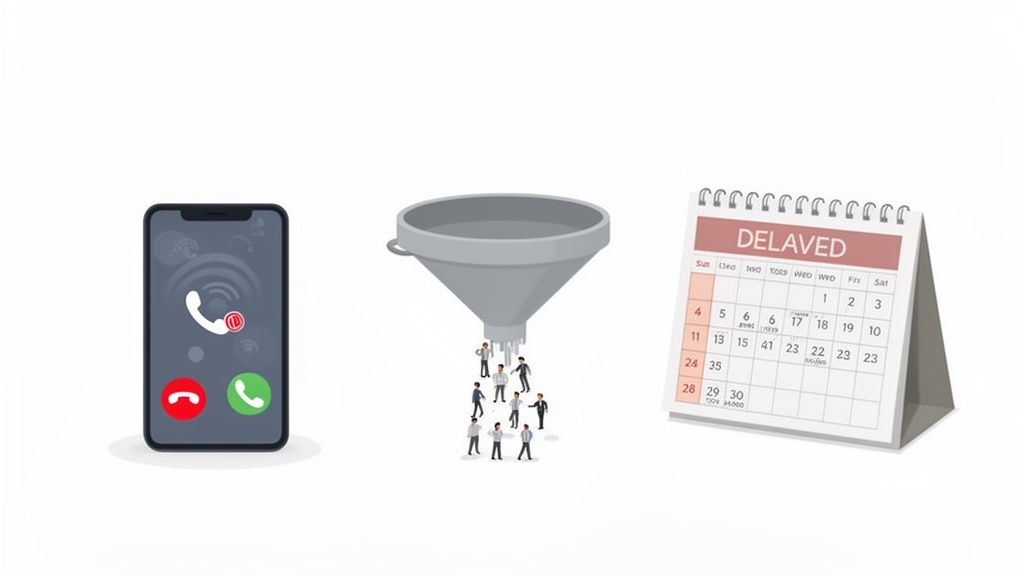An illustration of a ringing phone, a client lead funnel, and a calendar marked 'DELAYED'.