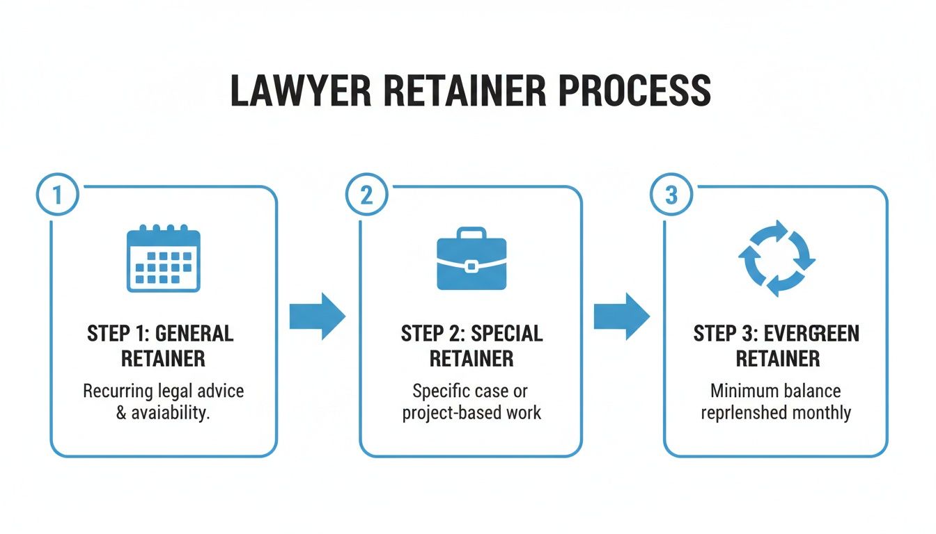 Infographic illustrating the three-step lawyer retainer process: General, Special, and Evergreen retainers.