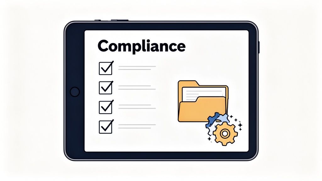 A tablet screen shows a 'Compliance' checklist with all items checked, alongside file folders and gears, symbolizing regulated processes.