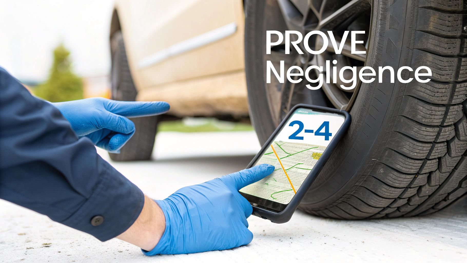 Person in blue gloves uses smartphone with a map to investigate a car accident, proving negligence.