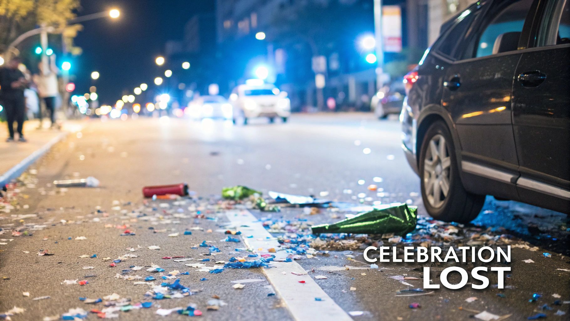 A confetti-strewn street at night, with discarded bottles and debris, implying the aftermath of a lost celebration.