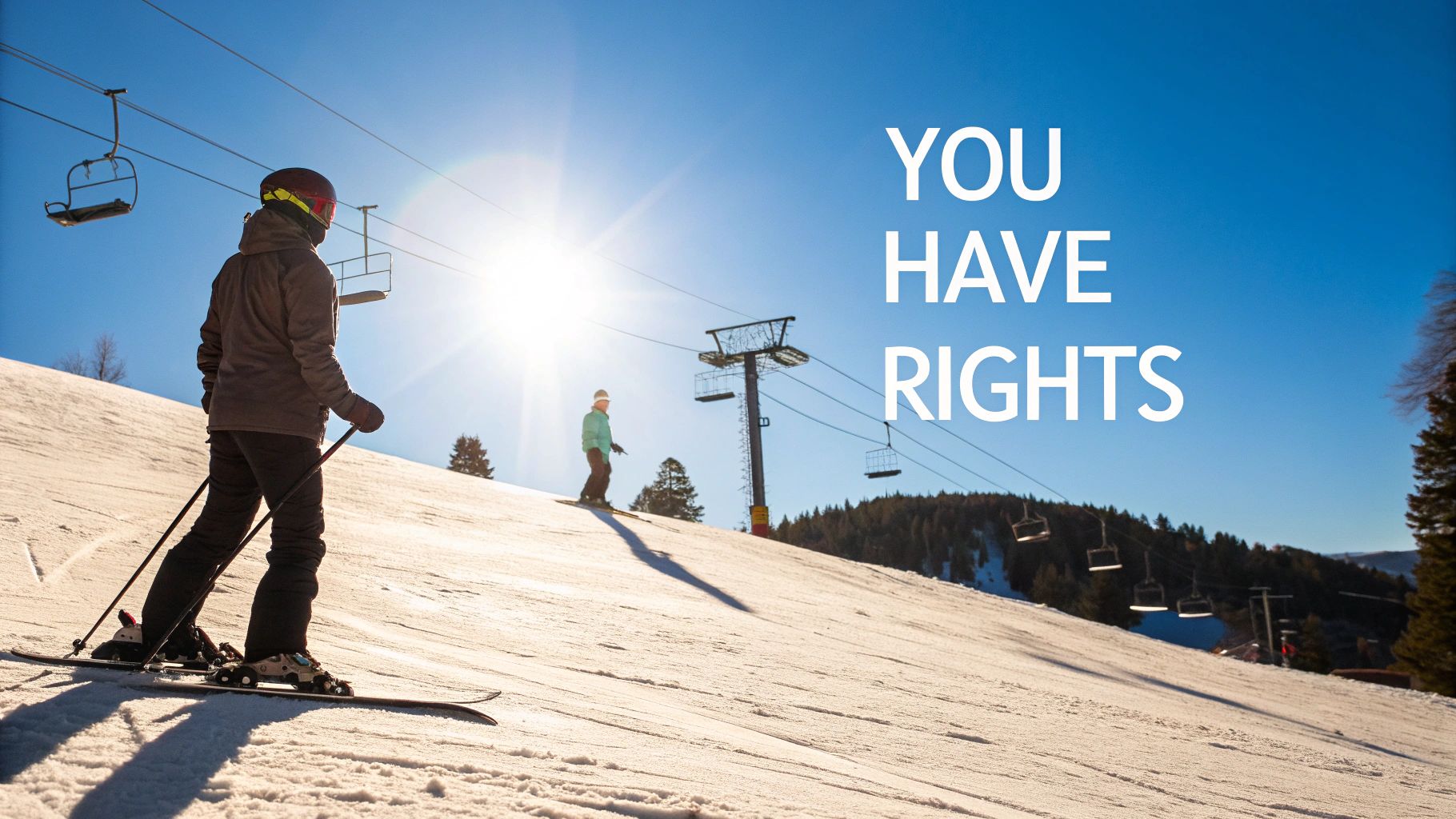A person skiing down a sunny mountain slope with ski lifts in the background and text "YOU HAVE RIGHTS."