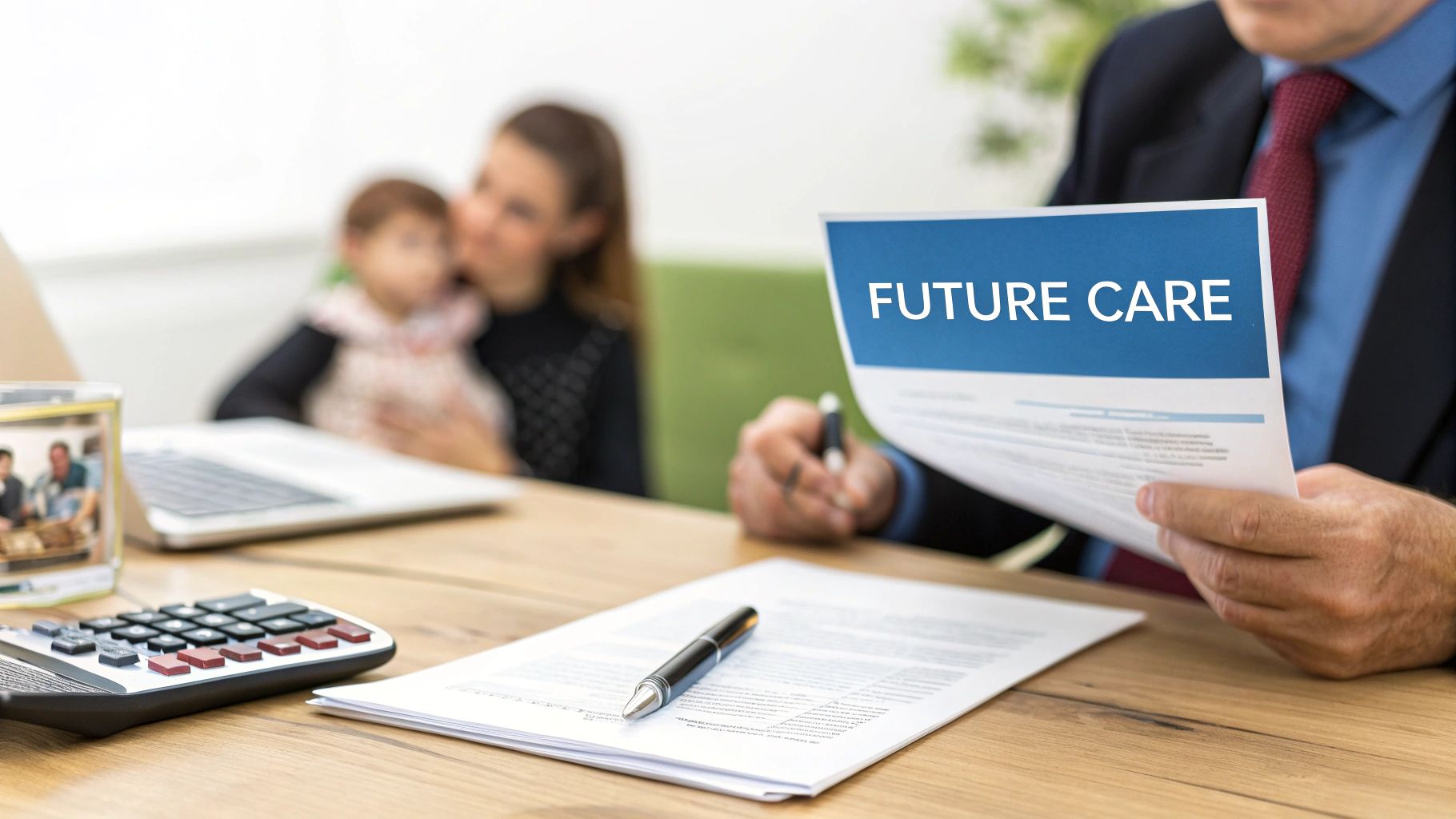 A man discusses a 'FUTURE CARE' document with a woman holding a baby in the background.