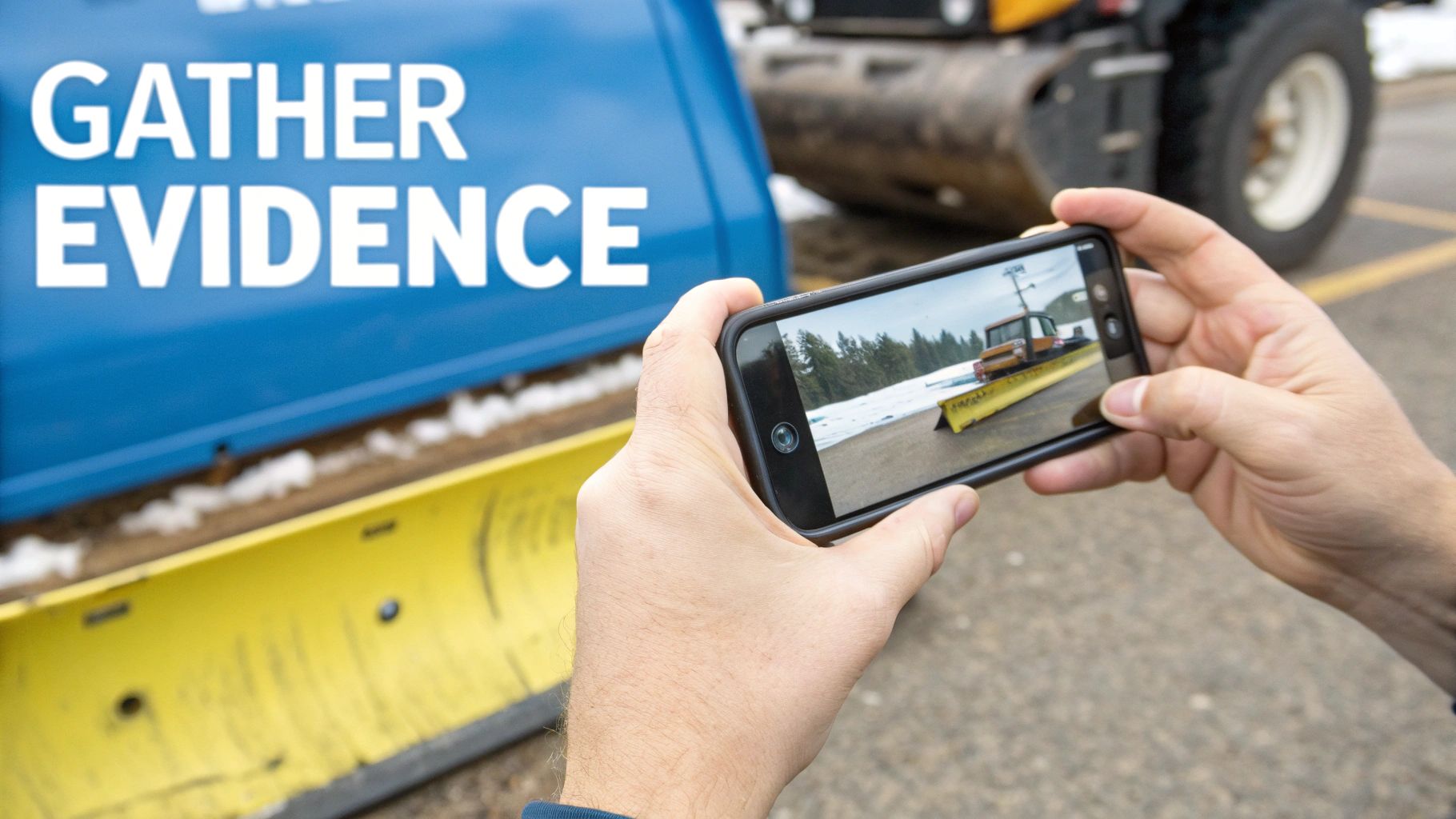 Person holding a smartphone taking a photo of a snow plow to gather evidence.