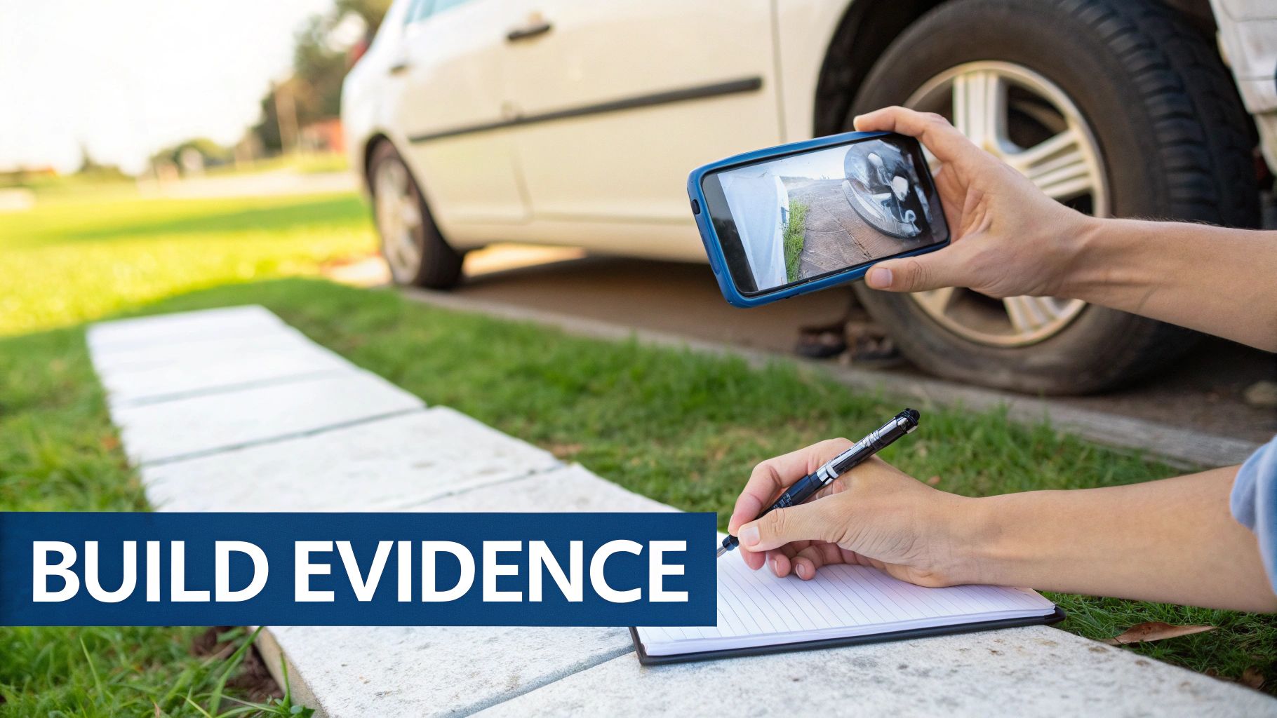 Person documenting a car's flat tire with a phone and notepad to build evidence.